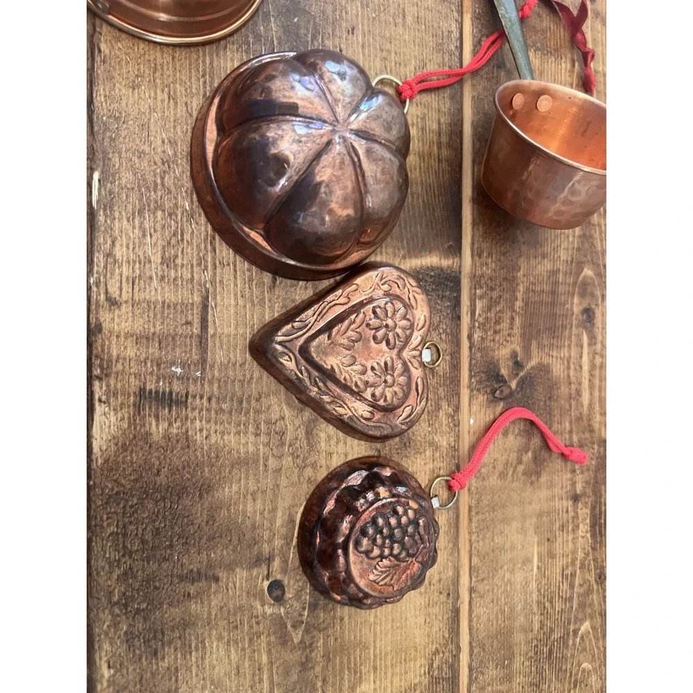 Set 8 Vintage Copper Kitchen Christmas Ornaments Colander Heart Pan Skillet Pots